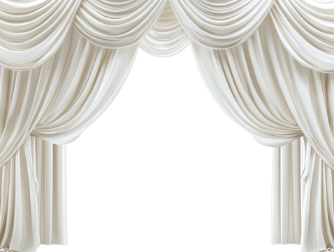 Elegant white draped swag curtains with a transparent background