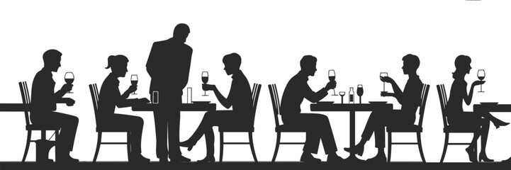 Silhouette of people dining at restaurant, couples drinking wine, romantic dinner, waiter serving table, social gathering, fine dining, elegant atmosphere, evening out, celebration