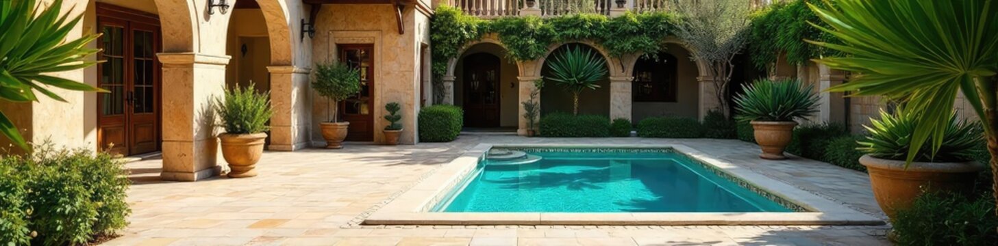 Sun-drenched Andalusian patio with ornate tilework, lush greenery, and a sparkling swimming pool  Evokes elegance and tranquility of Spanish luxury , blue, opulence
