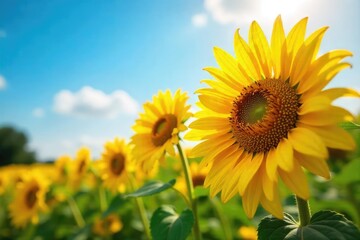 Obraz premium Vibrant sunflowers bask in the warm sunlight, their golden petals reaching towards the sky A picturesque summer scene filled with bright, cheerful colors and natural beauty , flowers, plant
