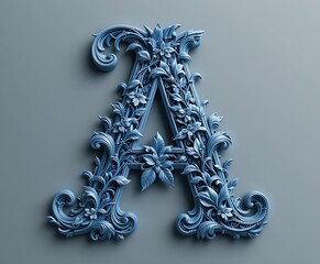 3D render of decorative capital letter A in blue color with floral ornament