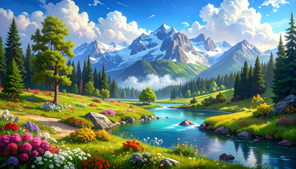Lush alpine meadow with river and snow mountains, bright and serene