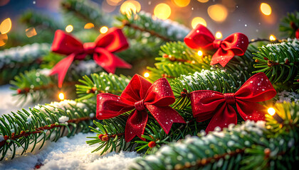 Red bow evergreen branch festive lights cozy holiday scene