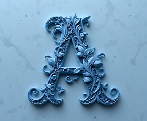 3D render of decorative capital letter A in blue color with floral ornament