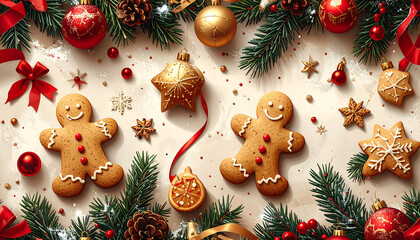 Gingerbread cookies and festive ornaments on pine branches, joyful