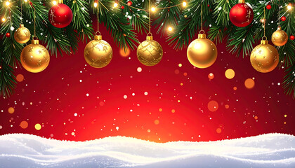 Golden baubles hang from pine garland over snowy red gradient