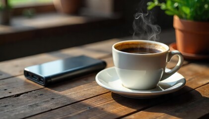Obraz premium A steaming cup of coffee sits on a rustic wooden table, next to a small, portable battery pack, suggesting the energizing power of caffeine , breakfast, fuel
