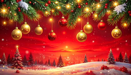Festive pine garland with glowing lights and red sky
