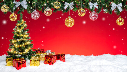 Red gradient Christmas background with tree and gifts