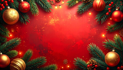 Festive red background with pine branches and golden bauble glow