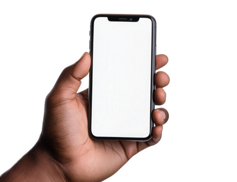 A darkskinned hand firmly grips a sleek smartphone with a blank white screen, isolated on transparent background, ready for app display or content presentation