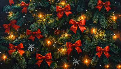 Green pine branch red bow warm LED light Christmas ornament pine