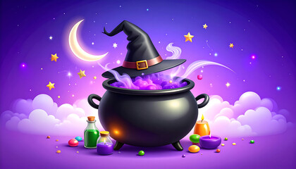 Black witch cauldron with purple smoke and moonlit stars