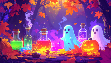 Friendly ghost potion scene with autumn leaves and jack o lantern