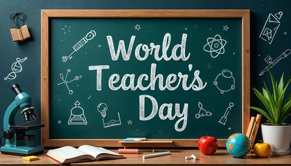 World Teacher's Day text on blackboard, surrounded by school stationery, chalk, and books.