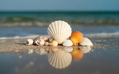 Assortment of beautiful seashells arranged on a wet sandy beach with the ocean waves in the background.