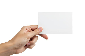 Obraz premium Hand holding a blank white paper card isolated on transparent cutout background, cut out, png