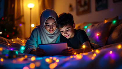 Mother and Son Using Tablet in Warmly Lit Bedroom