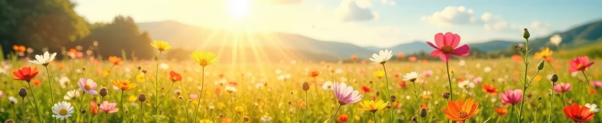 Obraz premium Serene Wildflower Field Swaying Gently in Summer Breeze Peaceful Nature Scene, Embodying Joy, Contentment, and Wellbeing