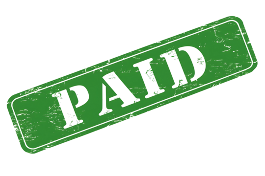 Green Paid Rubber Stamp with Grunge Texture Effect isolated on transparent cutout background, cut out, png