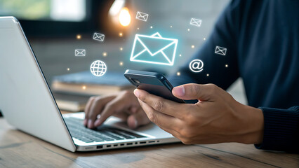 Person using a smartphone and laptop, with glowing email and communication icons floating around, representing digital messaging and online connectivity