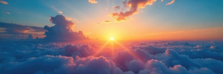 Fototapeta premium Stunning sunrise paints the sky vibrant shades of blue, clouds glowing with golden light A breathtaking view of a new day beginning, capturing the tranquility of dawn , sunrise, crisp