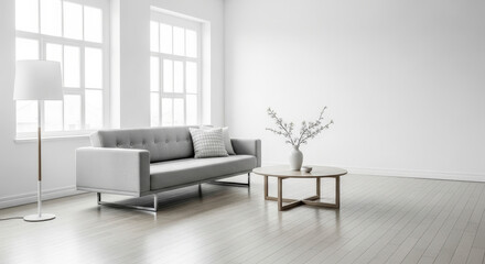 Bright Minimalist Interior Room With Gray Sofa Table and Floor Lamp Against White Walls Near Windows Offering Natural Light