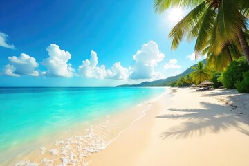 Sun-drenched beach scene with vibrant turquoise water, fluffy white clouds, and golden sand Perfect for summer holiday themes, travel brochures, or vacation websites , golden, vacation