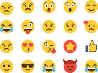 Emoji faces icon set, emotional expression symbols, cartoon smiley collection, reaction emoticons, flat vector design for digital communication