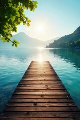 Obraz premium A tranquil scene of a wooden dock extending into calm water, sunlight reflecting off the still surface, reaching a peaceful shore Perfect for travel, nature, or serenity themes , plants, tranquil