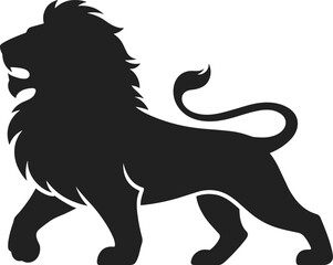 Silhouette of powerful lion standing, majestic wild animal vector, king of jungle symbol, strong feline illustration, black lion graphic, nature wildlife design, fierce predator icon.