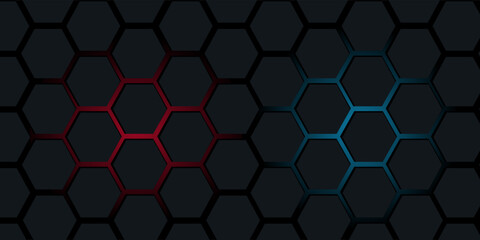 Dark red and blue hexagon abstract technology background with red and blue colored bright flashes under hexagon. Hexagonal gaming vector abstract tech background.