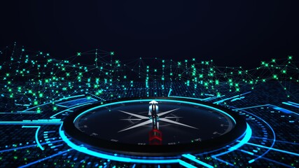 Futuristic Compass Navigation in Digital Network Environment. 3D illustration.