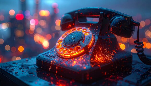 A macro ultra hyper realistic shot of a vintage telephone with a glowing, digital projection of a cityscape.
