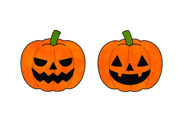 A colorful hand-drawn illustration of Halloween pumpkins (Jack-o'-lanterns) with expressive faces.