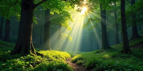 Sunlight Dapples Old-Growth Forest Peaceful Woodland Scene of Towering Trees and Vibrant Green Undergrowth