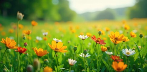 Fototapeta premium A vibrant green field of wildflowers in full bloom, symbolizing the beauty and fragility of our planet on Earth Day Perfect for environmental awareness campaigns , plant, world, eco