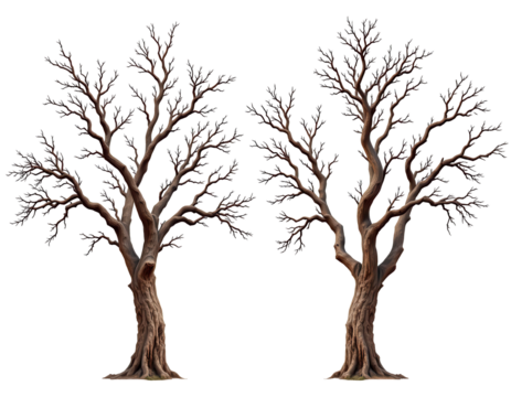 Two Dramatic Leafless Trees Against a Transparent Background
