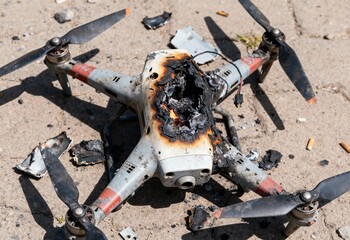 Burned drone wreck on pavement with fire damage and melted battery after crash, closeup of destroyed quadcopter propellers and charred electronics outdoors in daylight for safety hazard and accident