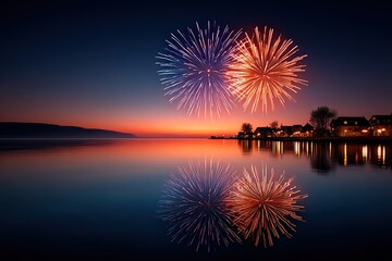 Colorful Fireworks Over Calm Lake at Night with Reflection and Tranquil Landscape in the Background