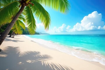 Fototapeta premium Sun-drenched beach scene with vibrant turquoise water, fluffy white clouds, and a tranquil atmosphere, perfect for summer holiday imagery , sea, tranquil, warmth