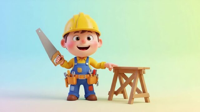 Cute 3D cartoon builder character with saw and wooden stool pointing up