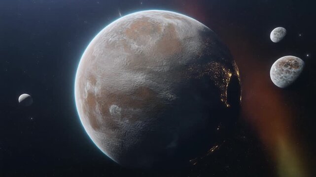 "Cinematic 4K timelapse video of a giant planet slowly rotating in space, glowing auroras on the surface, moons orbiting around it, stars moving rapidly across the background, surreal atmospheric haze