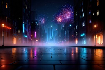 Night Cityscape with Colorful Fireworks and Urban Reflections Beneath Starry Sky