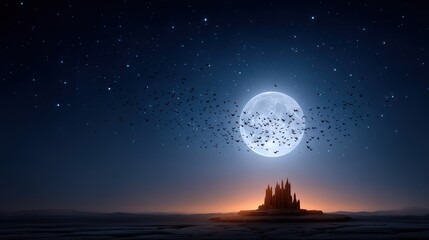 Enchanting Night Sky with Full Moon, Silhouetted Castle, and Flock of Birds in Serene Landscape
