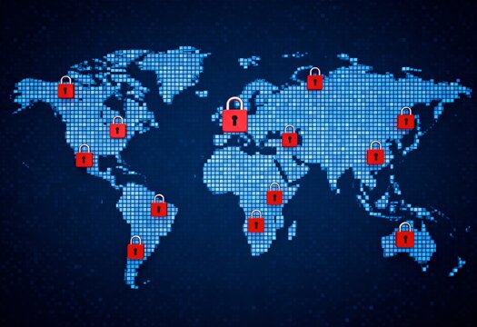 Global cybersecurity protection with red padlocks on digital world map for data privacy, network security and internet safety concept