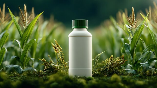 White plastic bottle standing in cornfield promoting sustainable agriculture