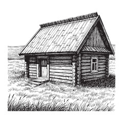 Obraz premium Old Wooden Cottage Drawing – Rural Landscape Line Art