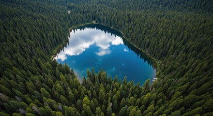 Majestic aerial shot of an untouched alpine lake surrounded by towering evergreens, ideal for promoting eco-travel, clean water initiatives, or climate-protection projects.