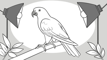 Obraz premium Studio shot of a parrot perched on a branch illuminated by studio lights graphic design element for coloring book childrens book illustration and pet-themed designs.